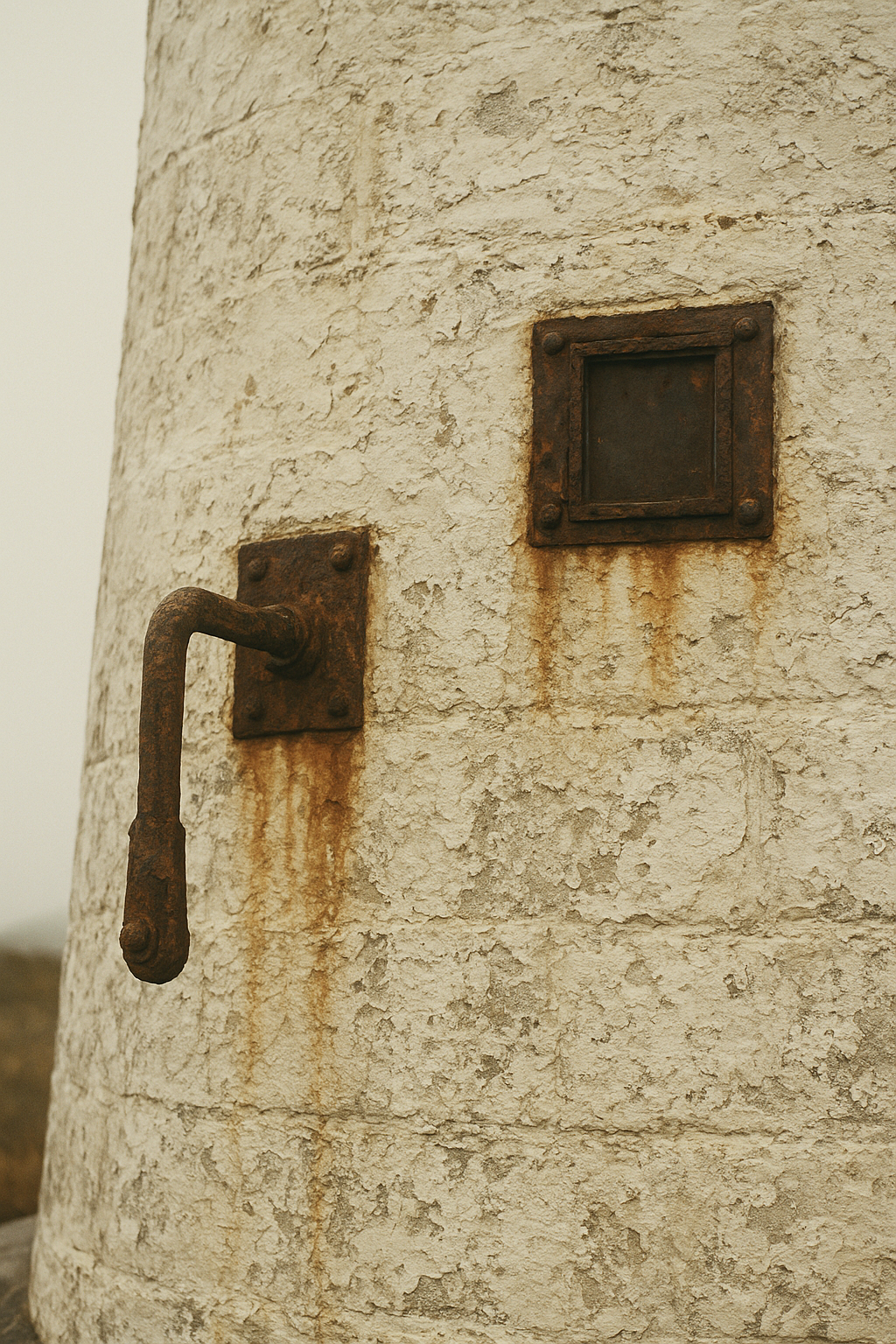 Weathered stone lighthouse exterior with peeling paint and salt marks