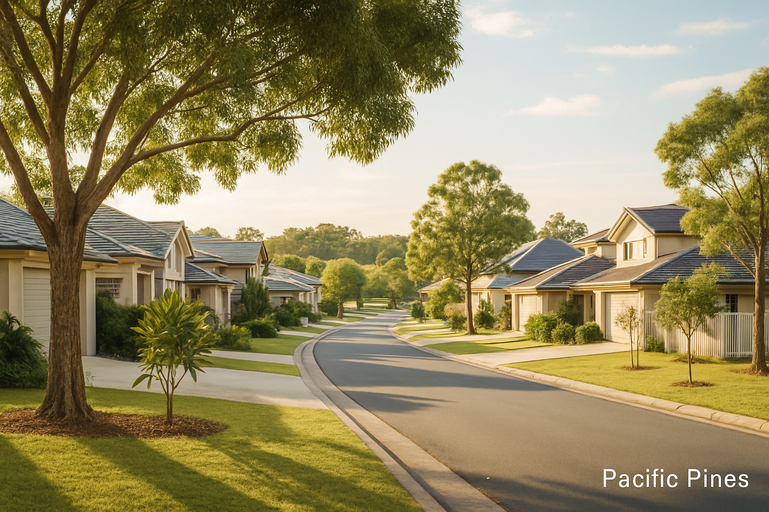 Warm Pacific Pines neighbourhood scene with leafy streets, family homes, and a relaxed Gold Coast lifestyle