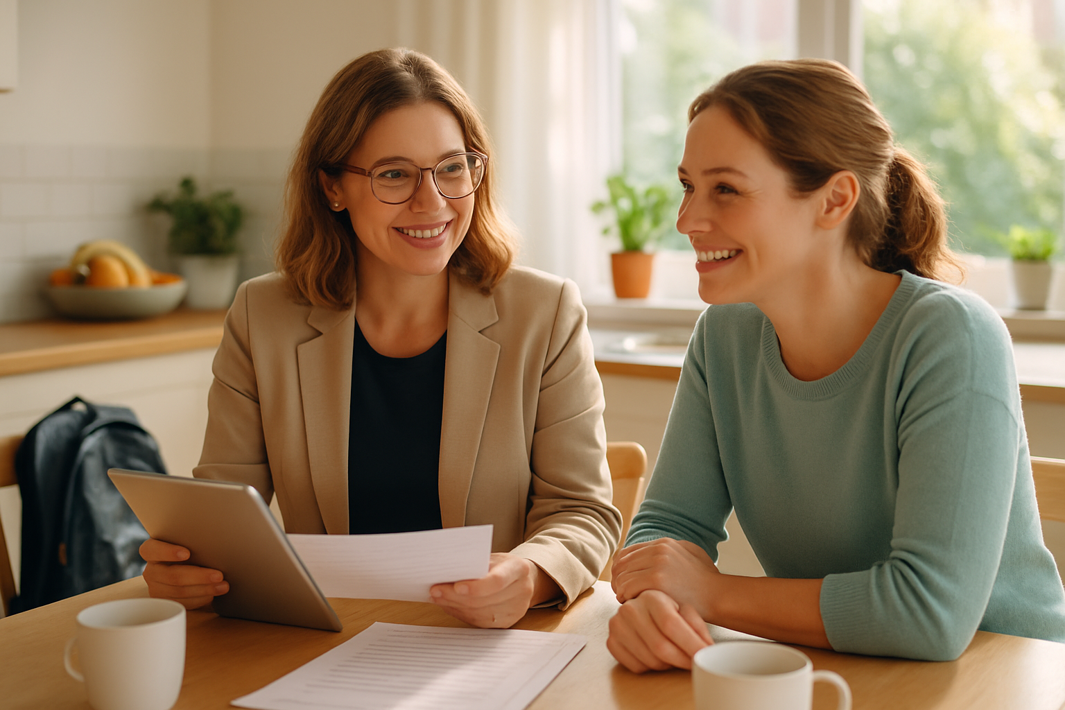 Sunny, a friendly mortgage broker, chatting with a Pacific Pines mum at a kitchen table