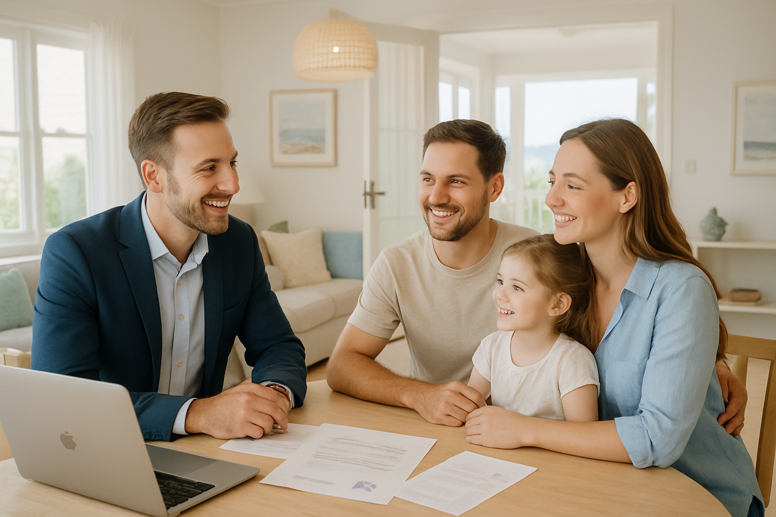 Sunny, a friendly local mortgage broker, chatting with a family in a bright coastal home