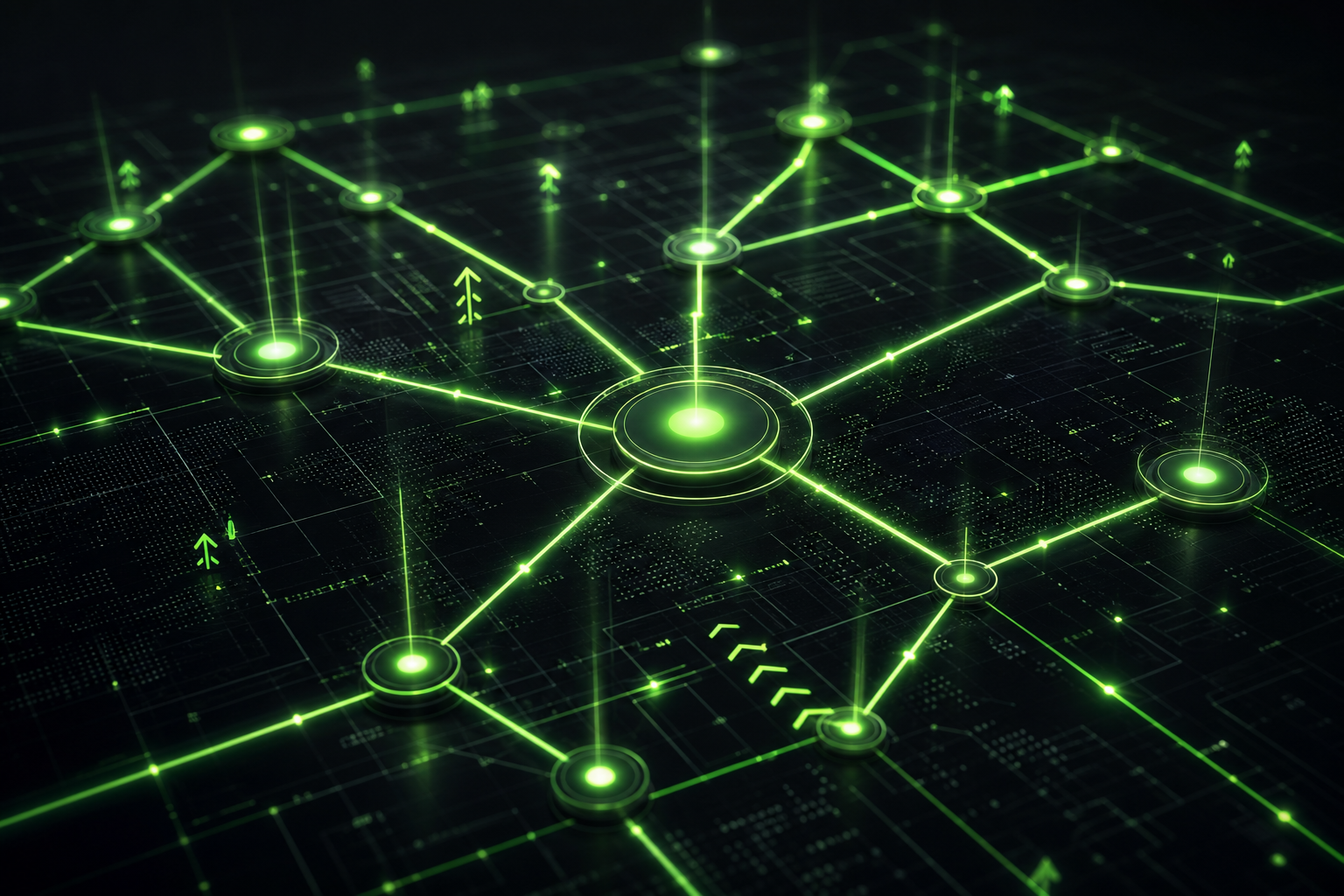 Abstract network of connected nodes and pathways glowing in green over a dark tech grid