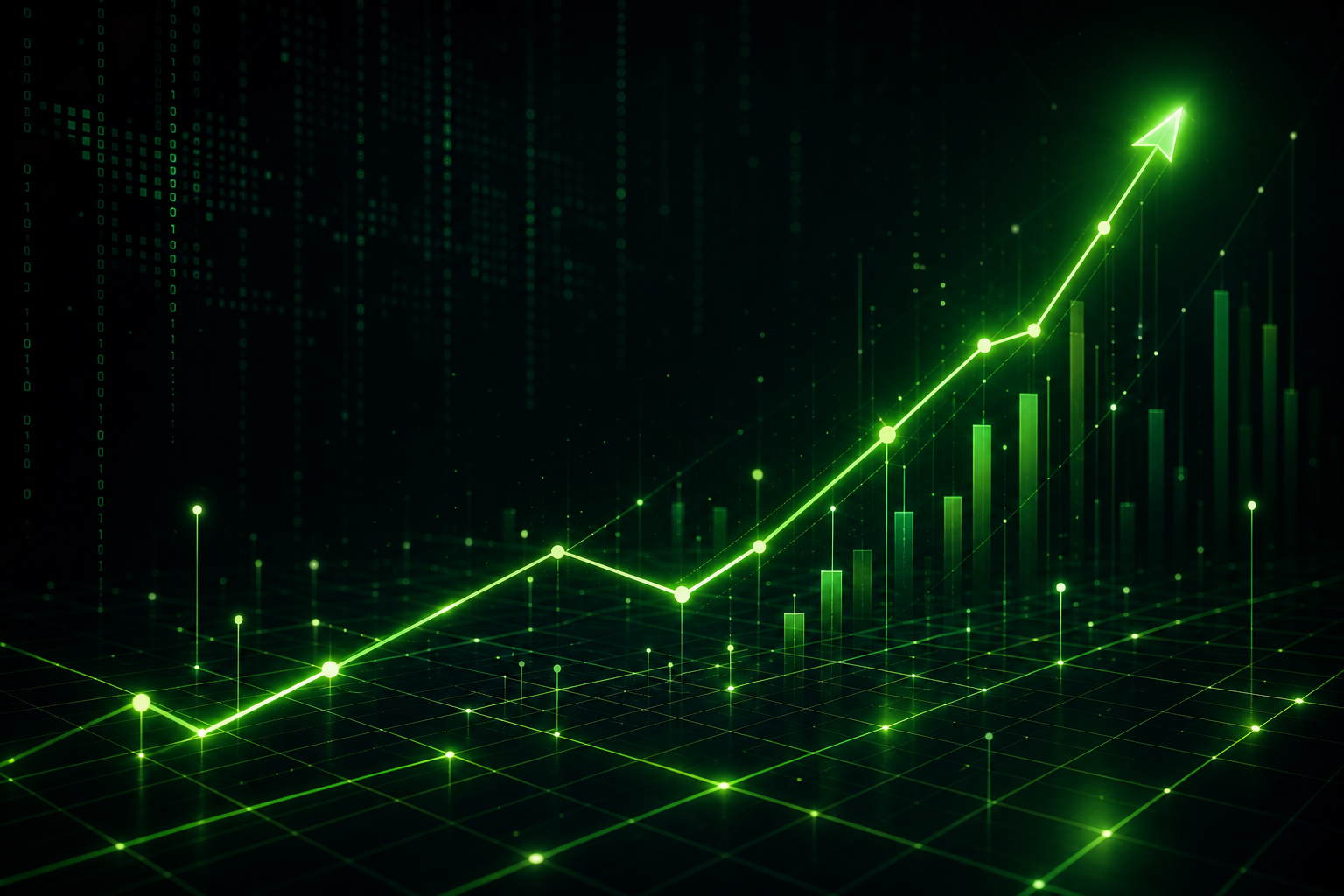 Abstract digital growth grid with neon green lines, dark charcoal background, and upward momentum accents