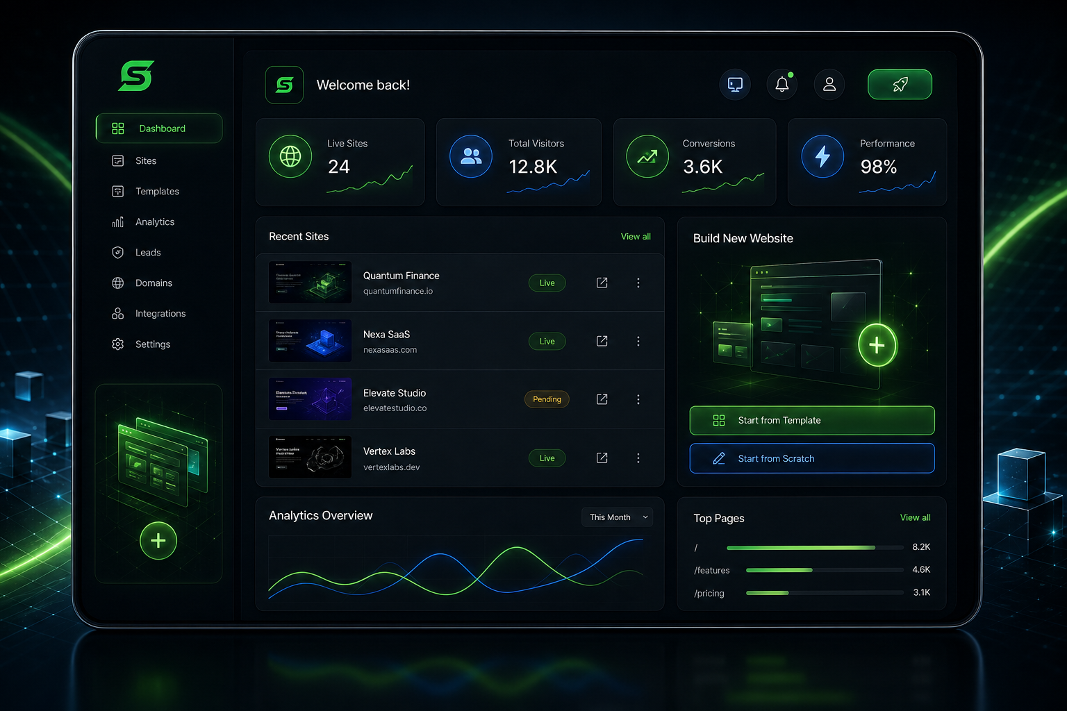 Futuristic website builder dashboard glowing with green and blue UI accents on a dark interface