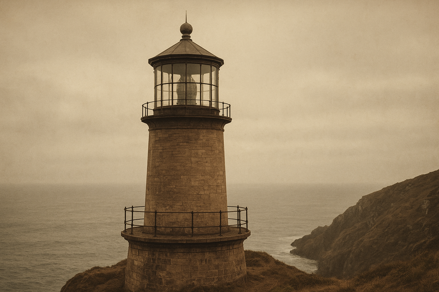 Lantern room atop a cliff lighthouse under overcast sky, archival documentary style