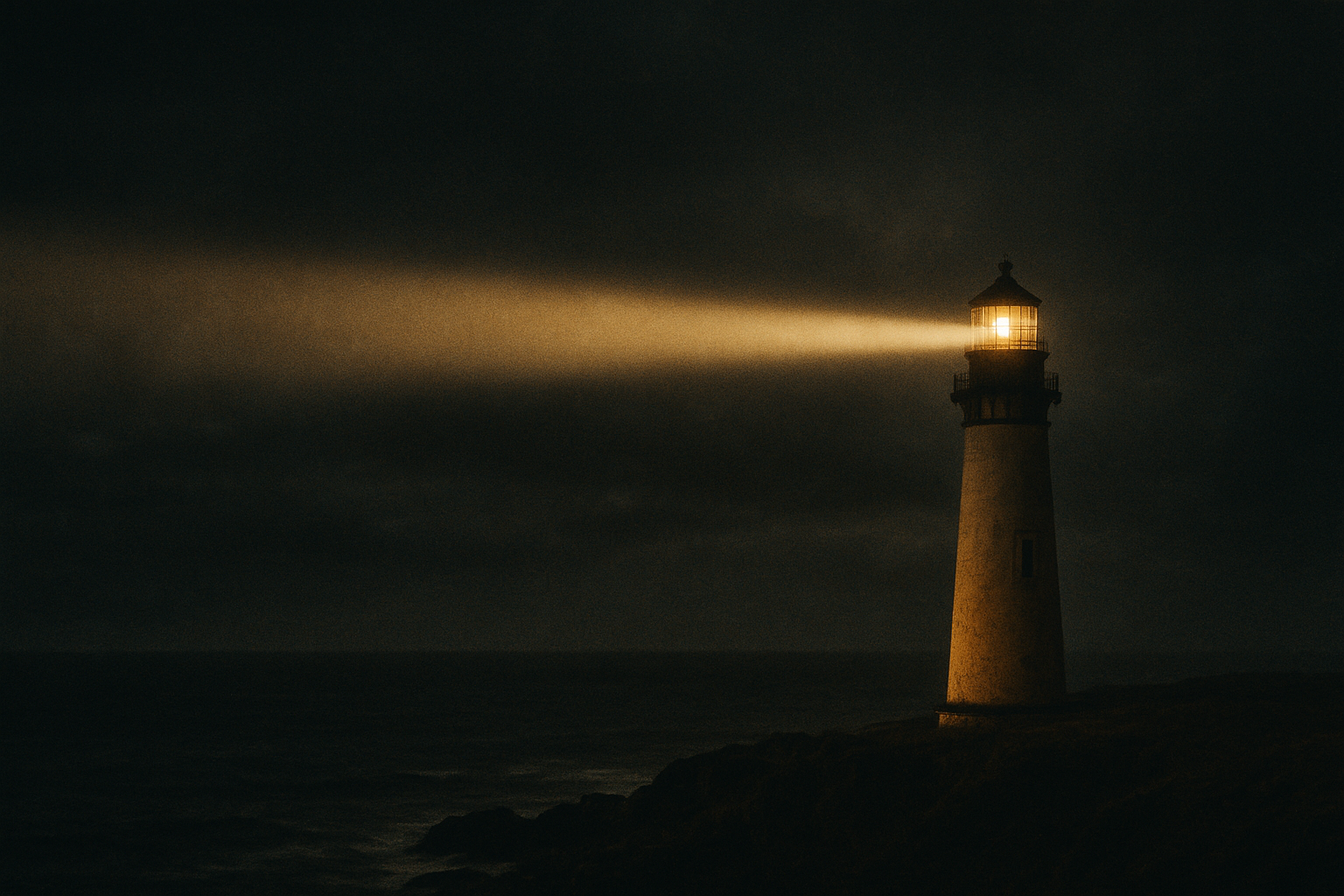 Long-exposure night archive image of lighthouse beacon over dark coastal water