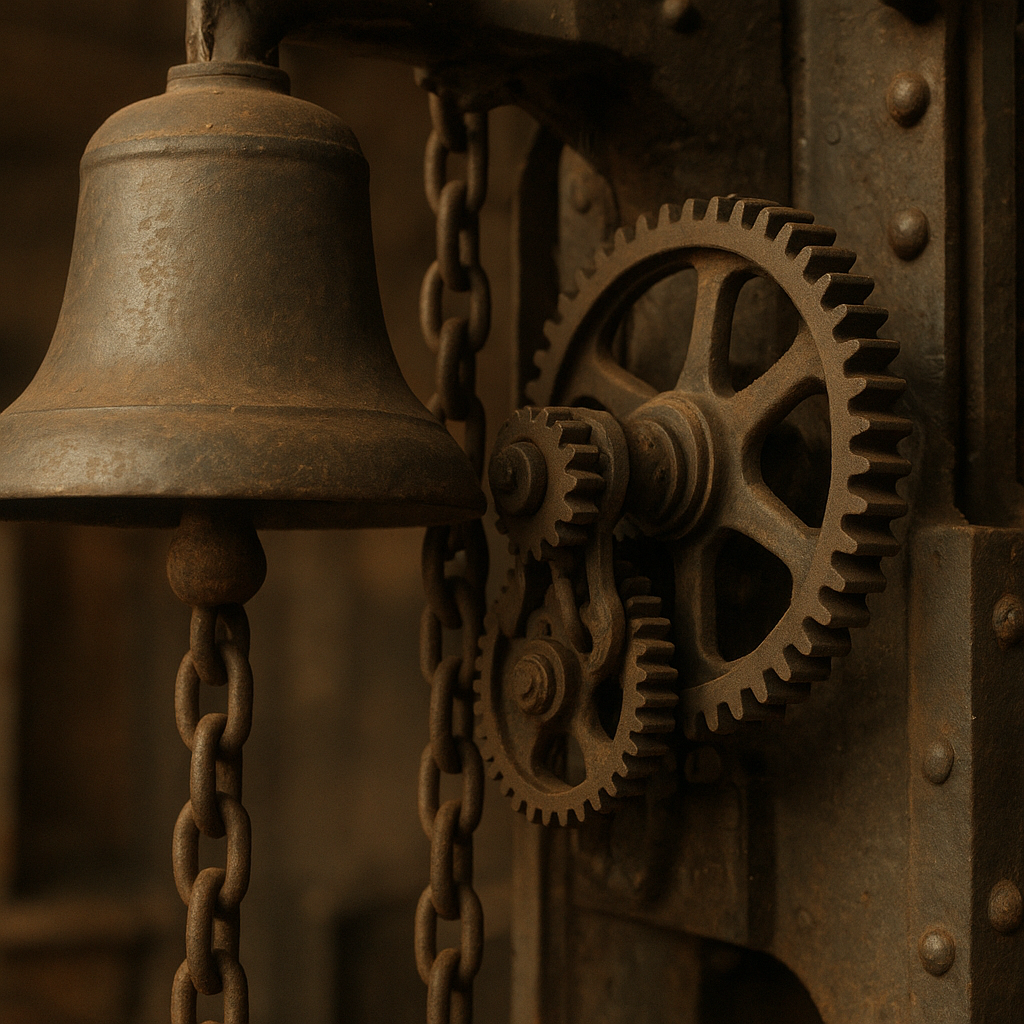Close-up archival photograph of cast-iron fog bell mechanism with gears and chain