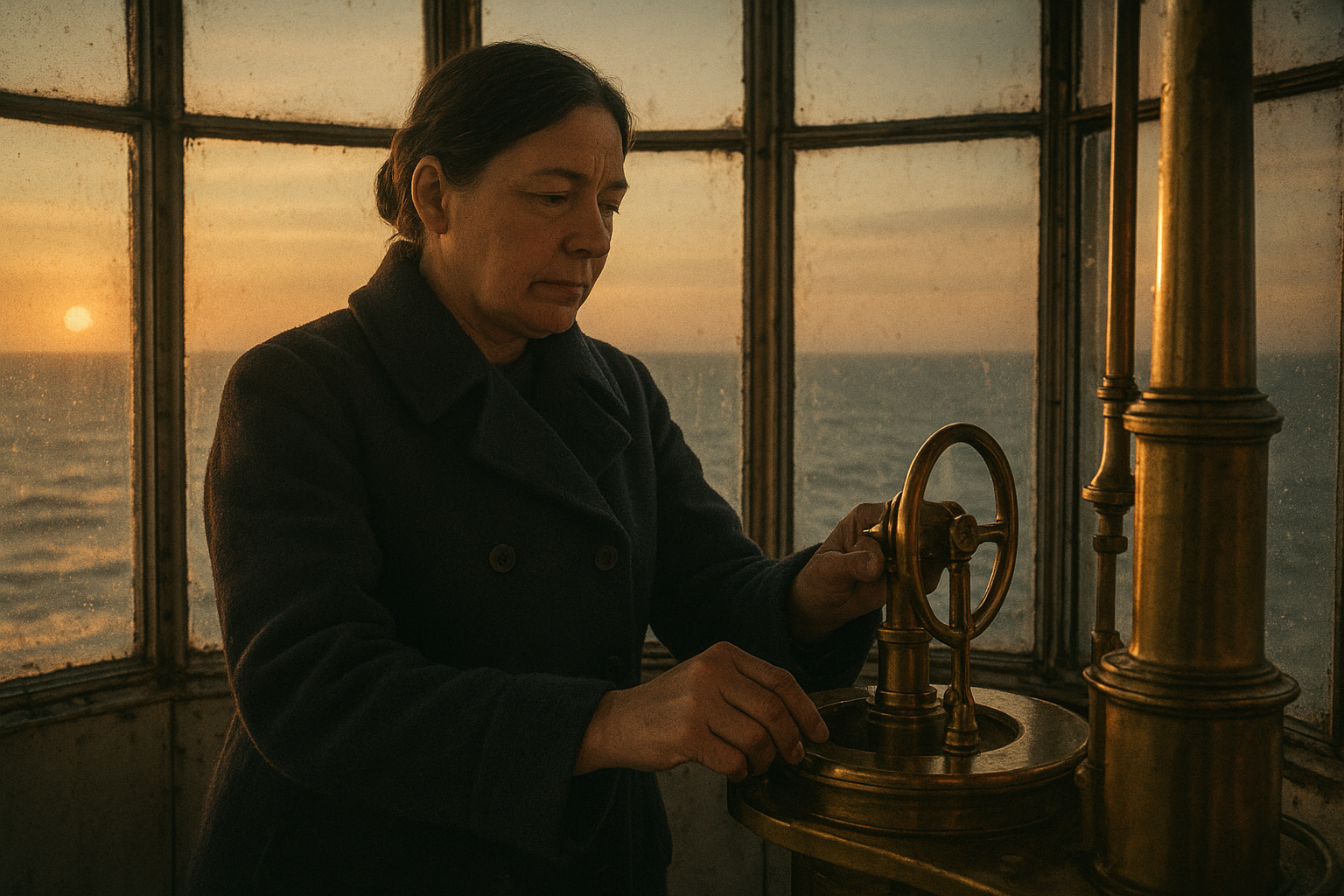 Archival-style photograph of a lighthouse keeper checking brass instruments beside a lantern room window at dawn