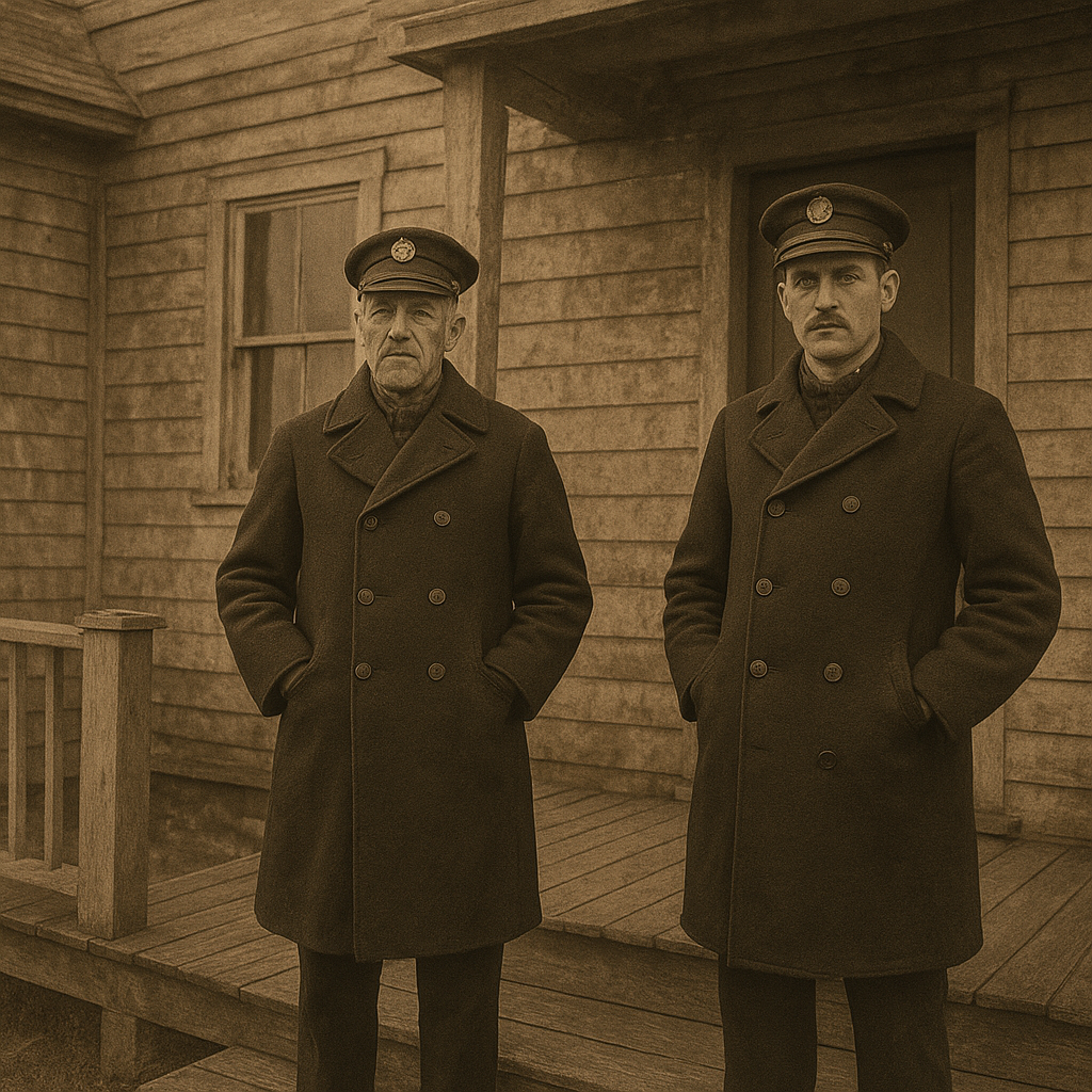 Two lighthouse keepers standing outside weathered quarters, early twentieth century documentary photo