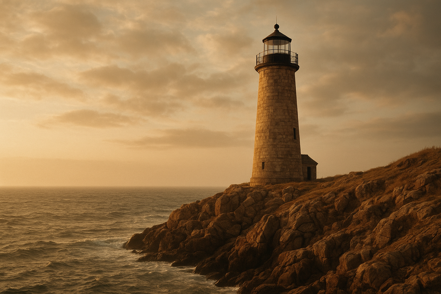 Historic stone lighthouse on a rugged northern coastline at golden hour, with warm late light, sea haze, and weathered cliffs