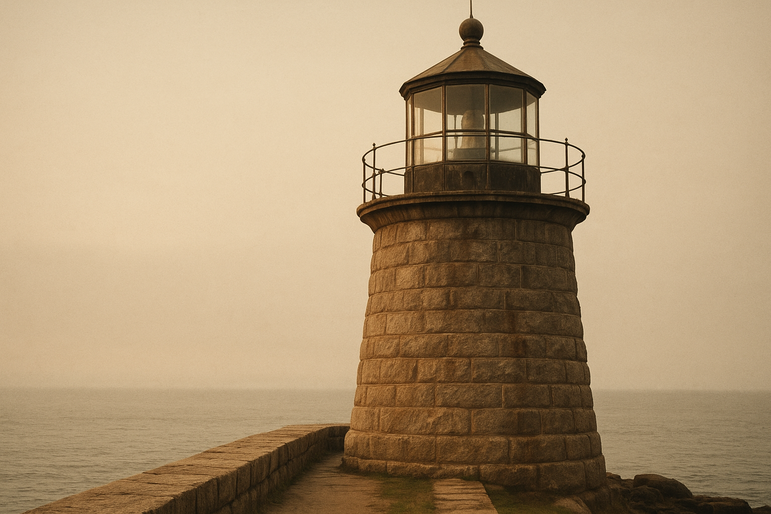 Close view of a preserved coastal lighthouse tower with weathered stone masonry, lantern gallery rail, and sea mist on the approach