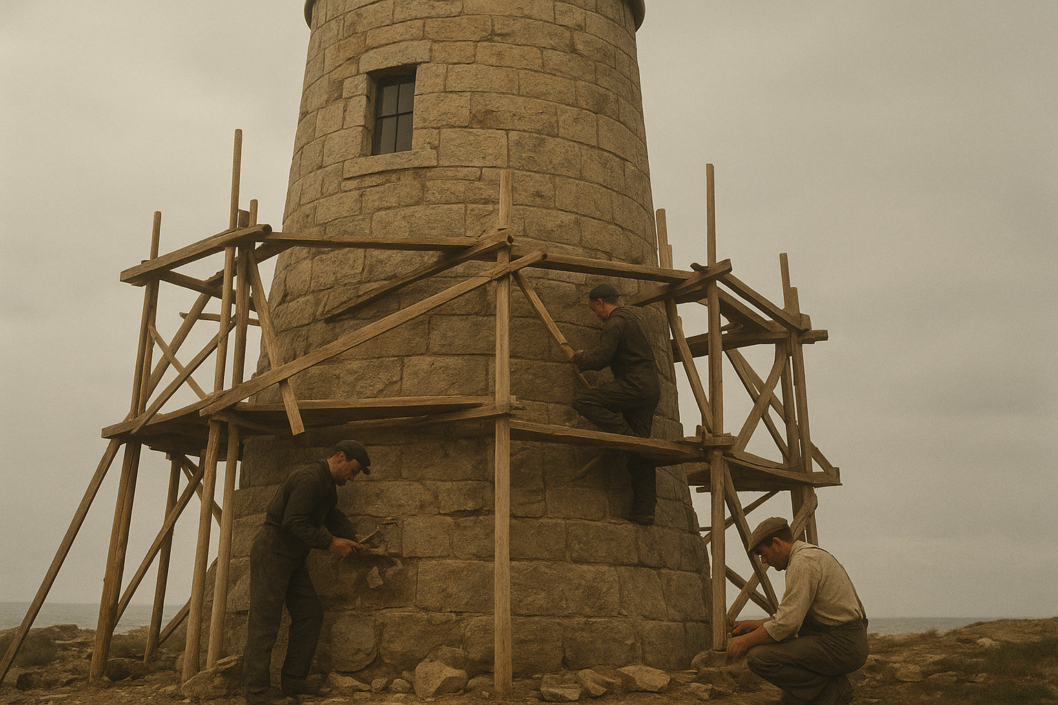Restoration crew beside stone lighthouse base with scaffold and tools, documentary archive style