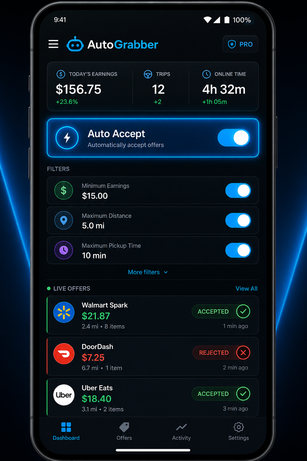 Dark mobile app interface showing automated offer acceptance toggles, earnings filters, and a glowing accept button