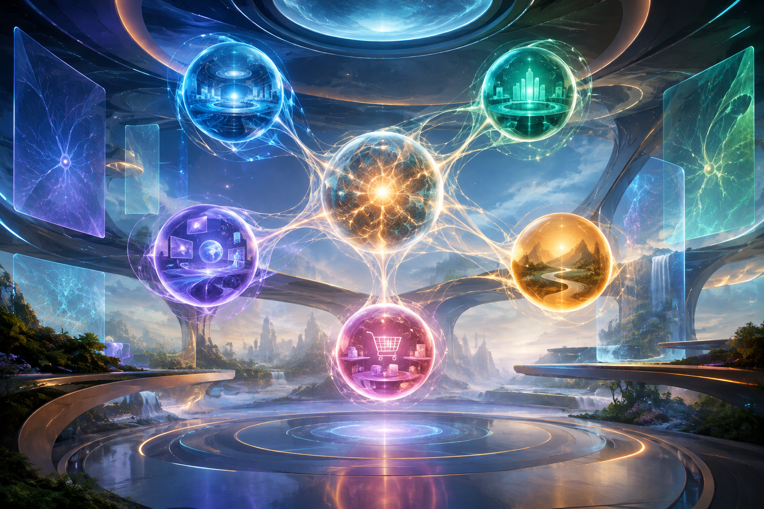 Ilustración futurista de una sala inmersiva con arquitectura abstracta, capas de luz azul-violeta y una red neuronal suave flotando como interfaz holográfica
