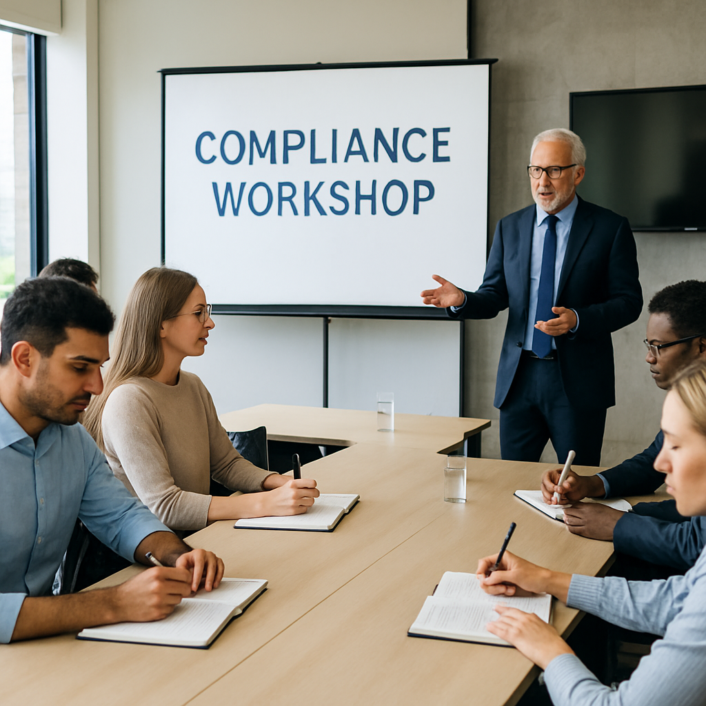 Compliance workshop with employees taking notes during an expert-led seminar.