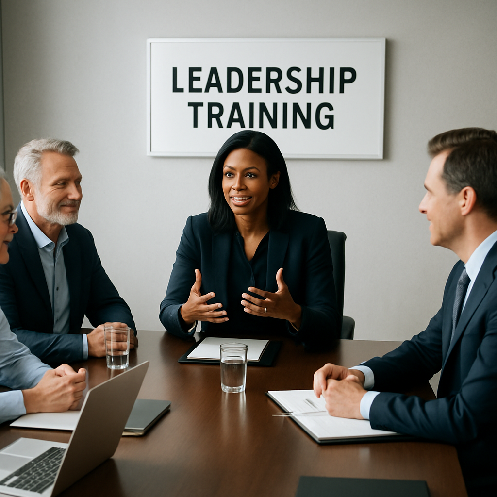 Leadership training session with executives engaged in discussion around a conference table.