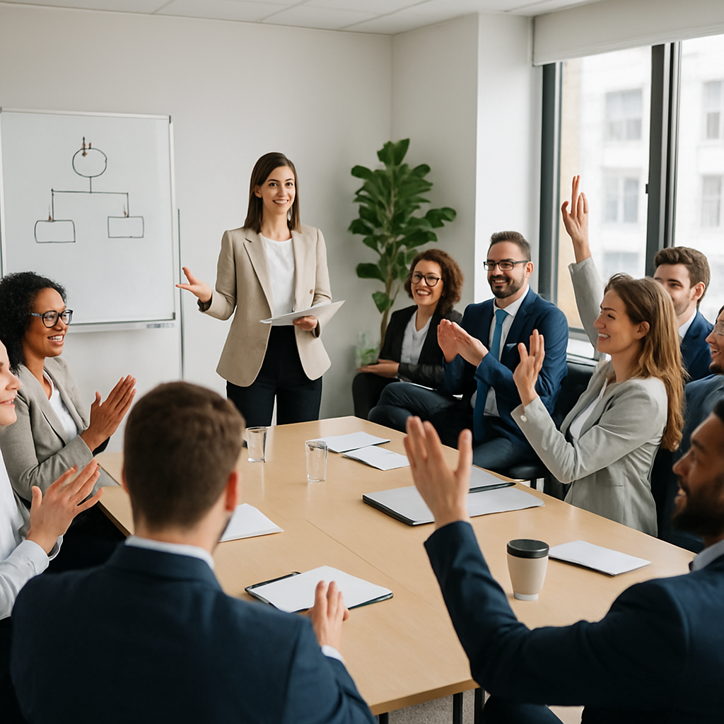 Professional team participating in a corporate skills training session with a presenter at the front.