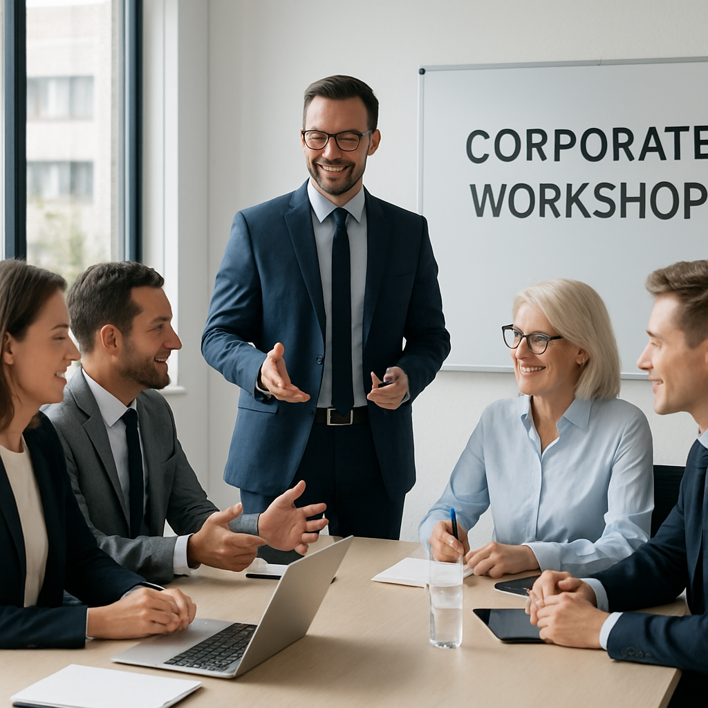 Corporate workshop in progress with participants collaborating and a facilitator guiding.