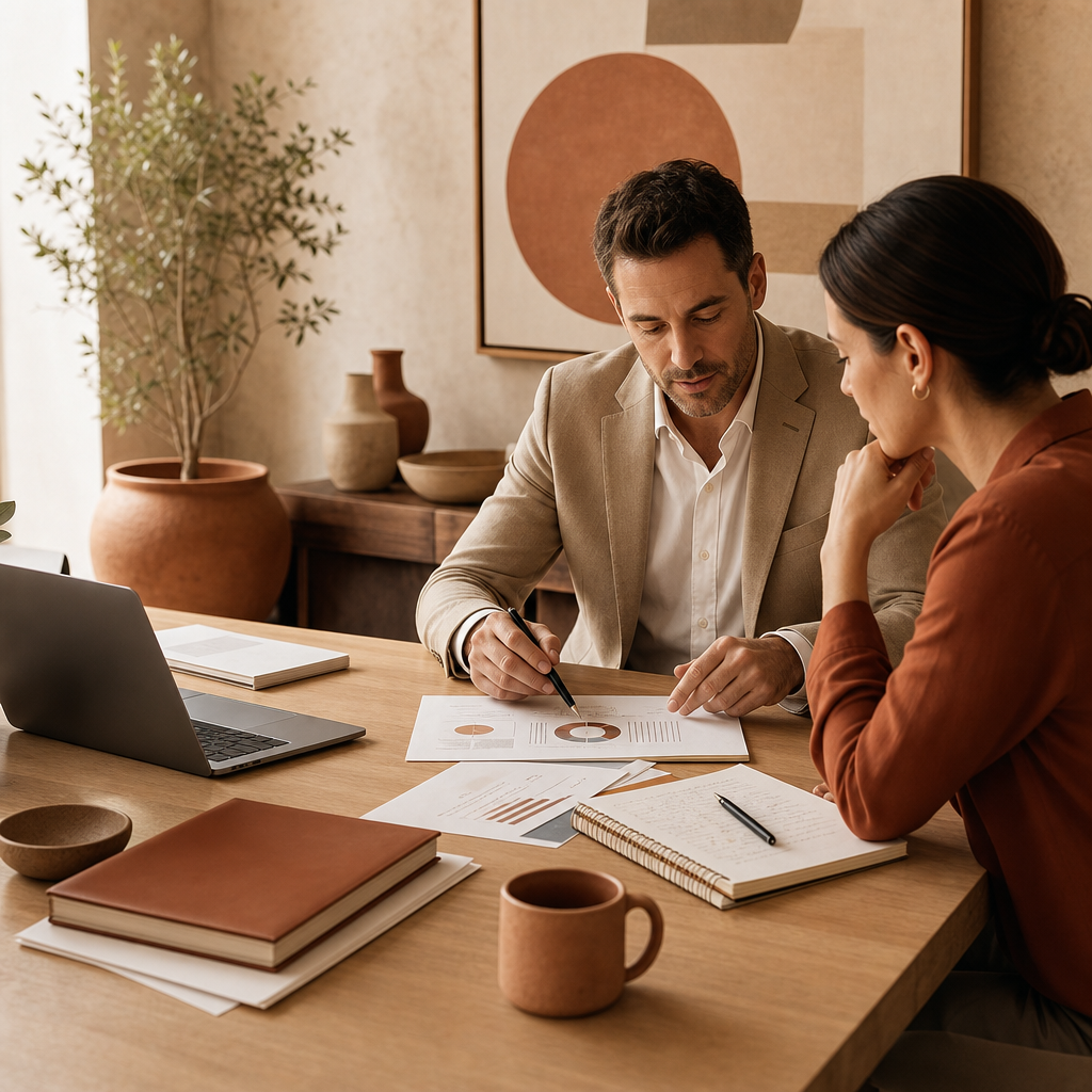 Executive planning board with strategic charts, handwritten notes, and workshop materials in a modern office
