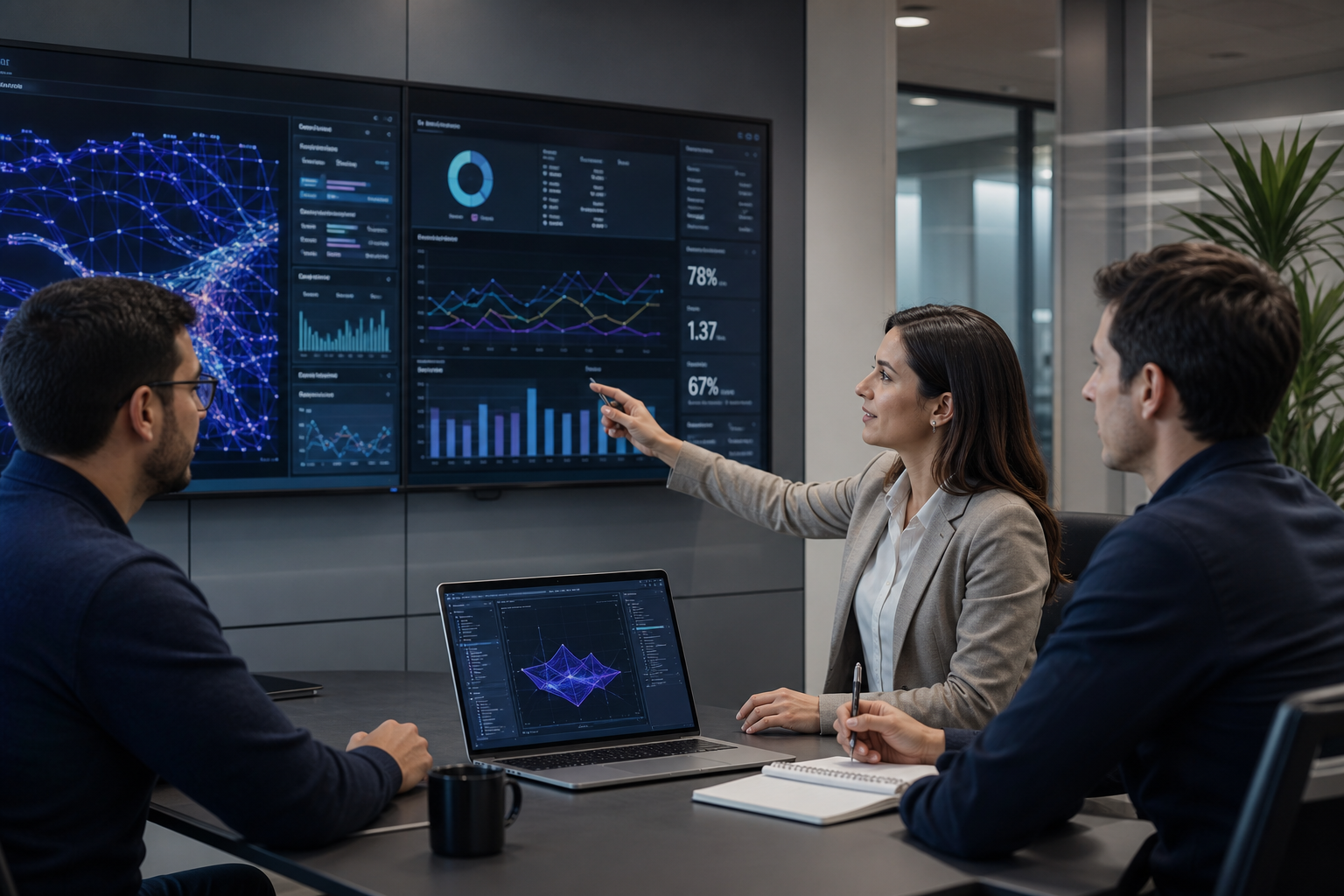 Equipo corporativo de analistas e ingenieros revisando dashboards de IA y datos en una sala de reuniones moderna