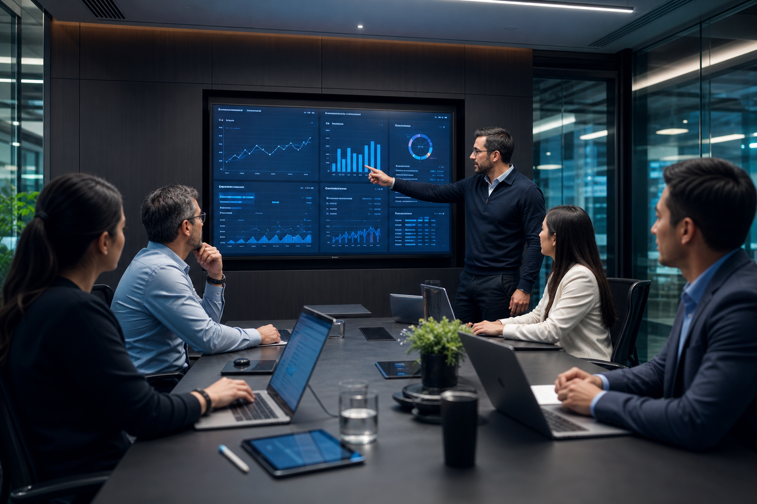 Equipo corporativo en reunión estratégica con tablets y pantallas digitales, ambiente moderno y tecnológico