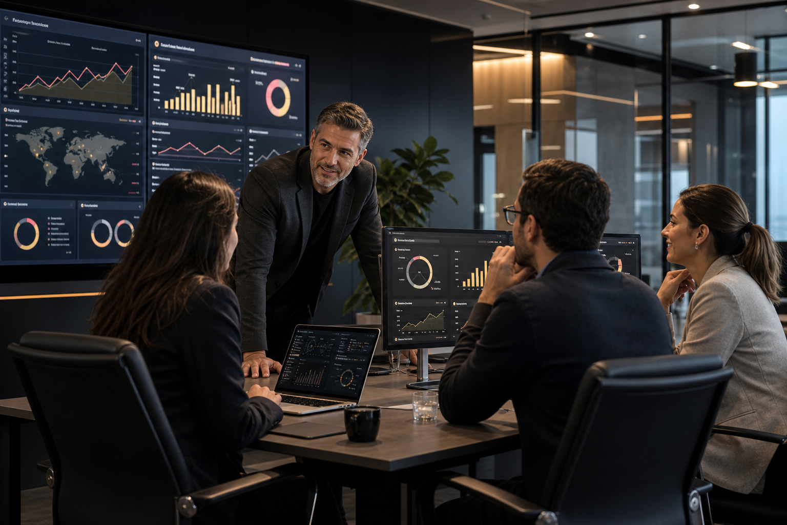 Equipo ejecutivo y tecnológico de una empresa B2B colaborando en una oficina moderna con pantallas de dashboards digitales
