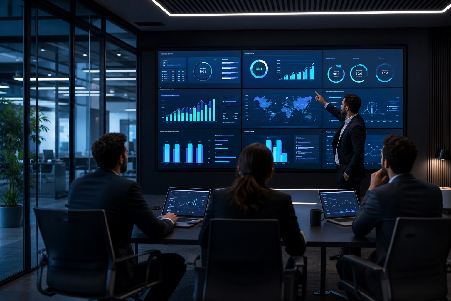 Sala corporativa moderna con pantallas de dashboards operacionales y equipos ejecutivos revisando indicadores