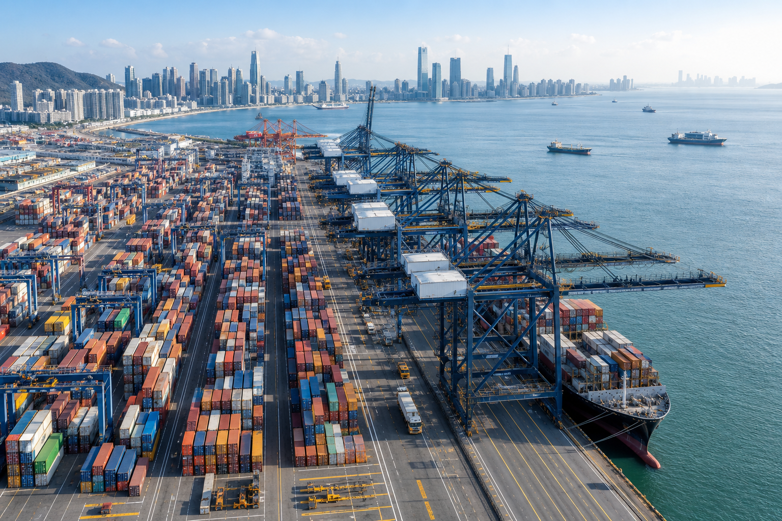 Aerial view of a modern port with orderly cargo containers, cranes, and a coastal skyline conveying global trade scale