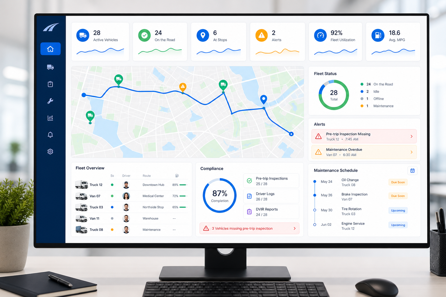 Desktop dashboard showing fleet routes, compliance alerts, and maintenance status