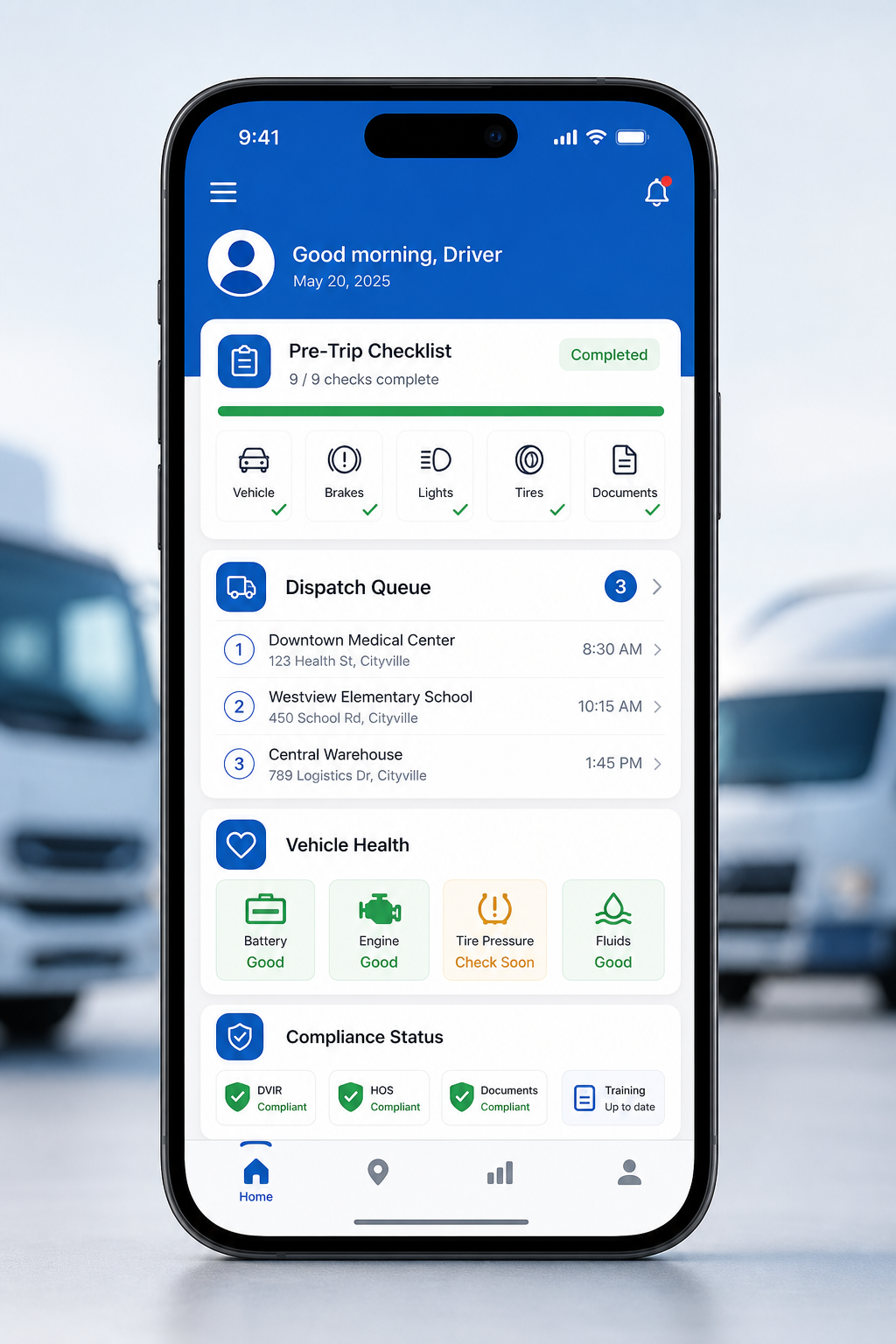 Mobile app screen with driver checklist, dispatch, and vehicle health tiles