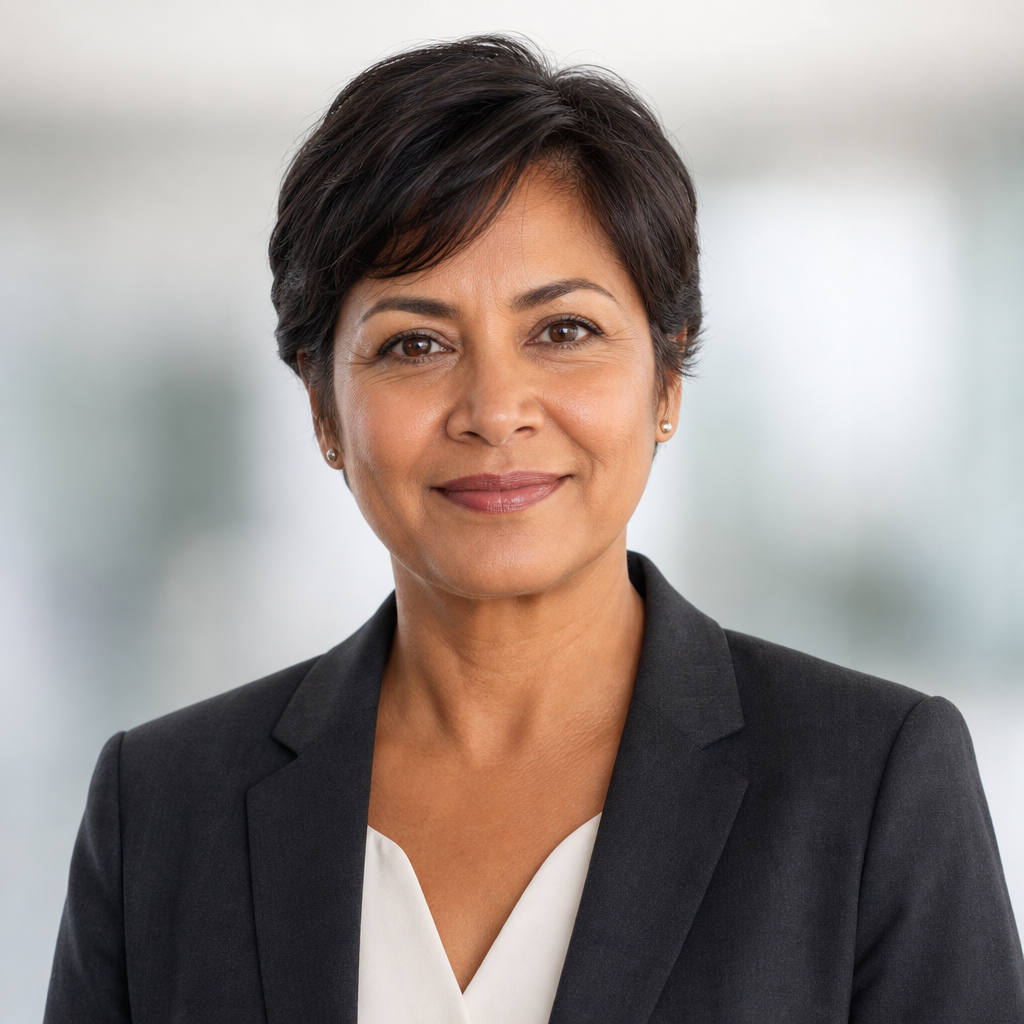 Portrait of a middle-aged woman with short dark hair wearing a charcoal blazer