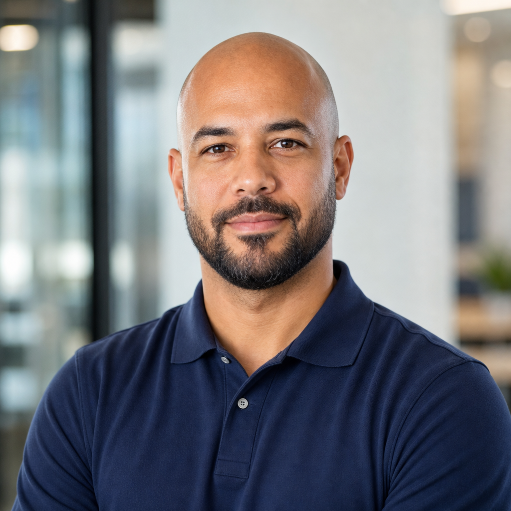 Portrait of a man with a shaved head and navy polo shirt