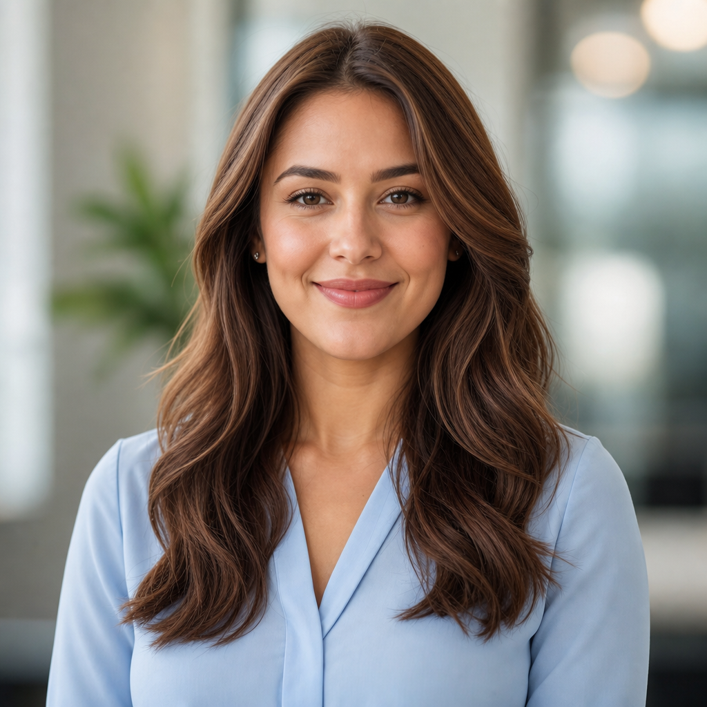 Portrait of a woman with long wavy hair wearing a light blue blouse