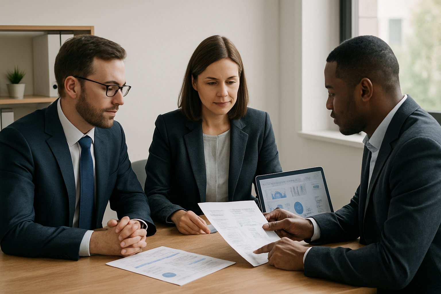 Certified accounting advisors in a modern office reviewing financial reports with a business client during a collaborative consultation