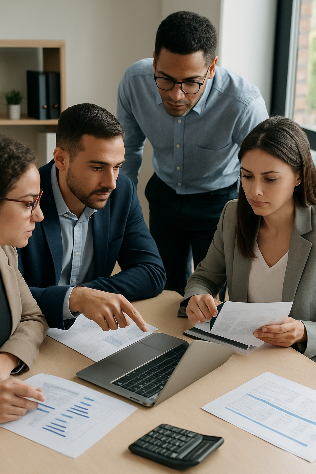 Authentic professional team in a modern office collaborating over financial reports and a laptop dashboard