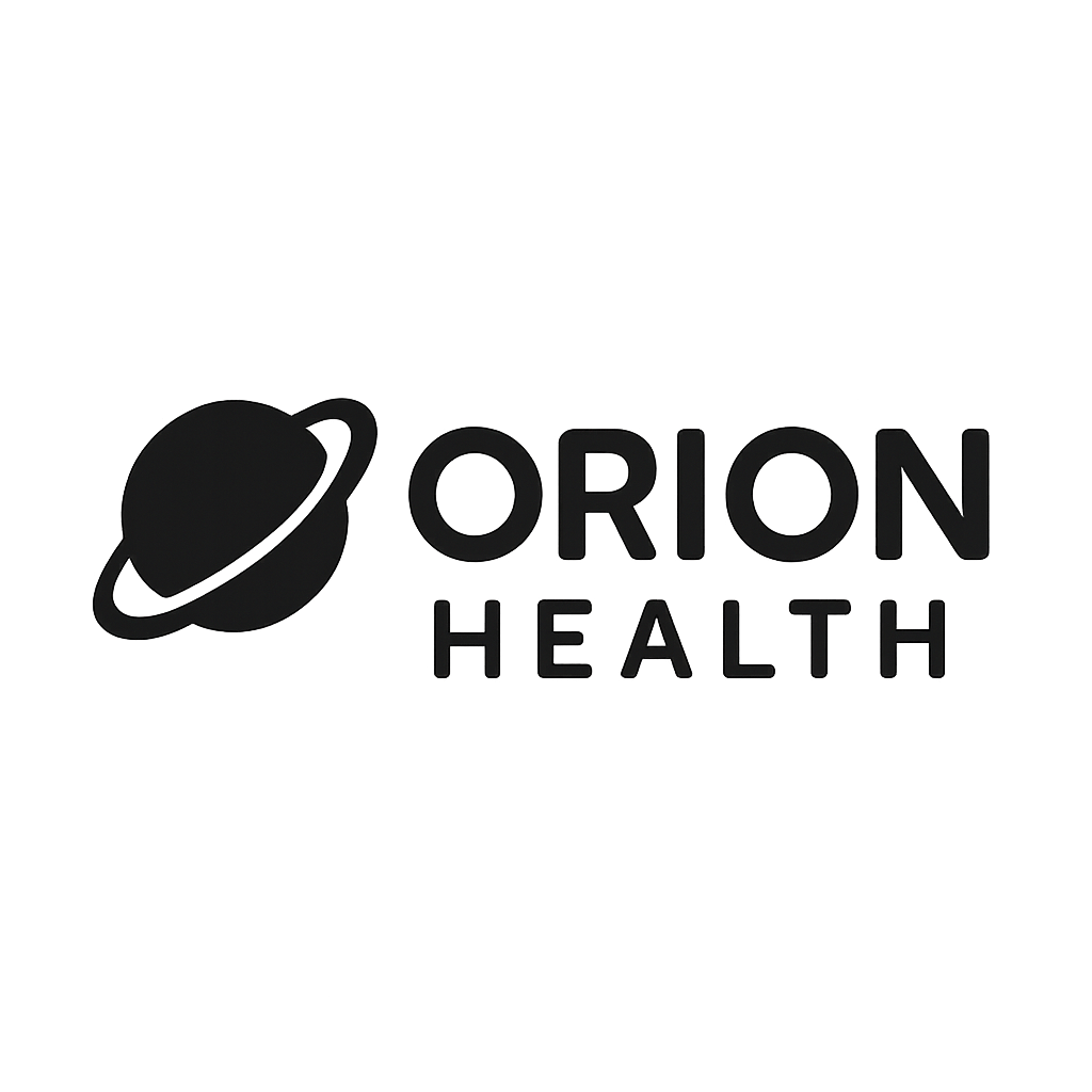 Orion Health logo with orbit ring mark and rounded lettering