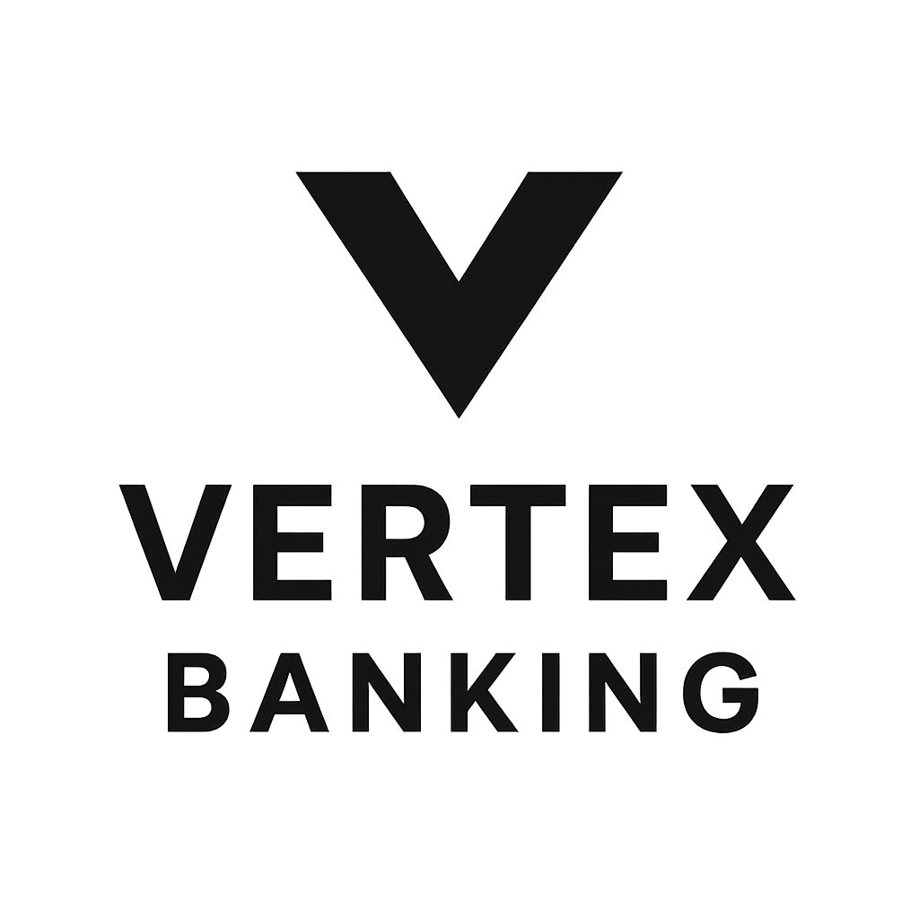 Vertex Banking logo with stacked lettermark and minimal text