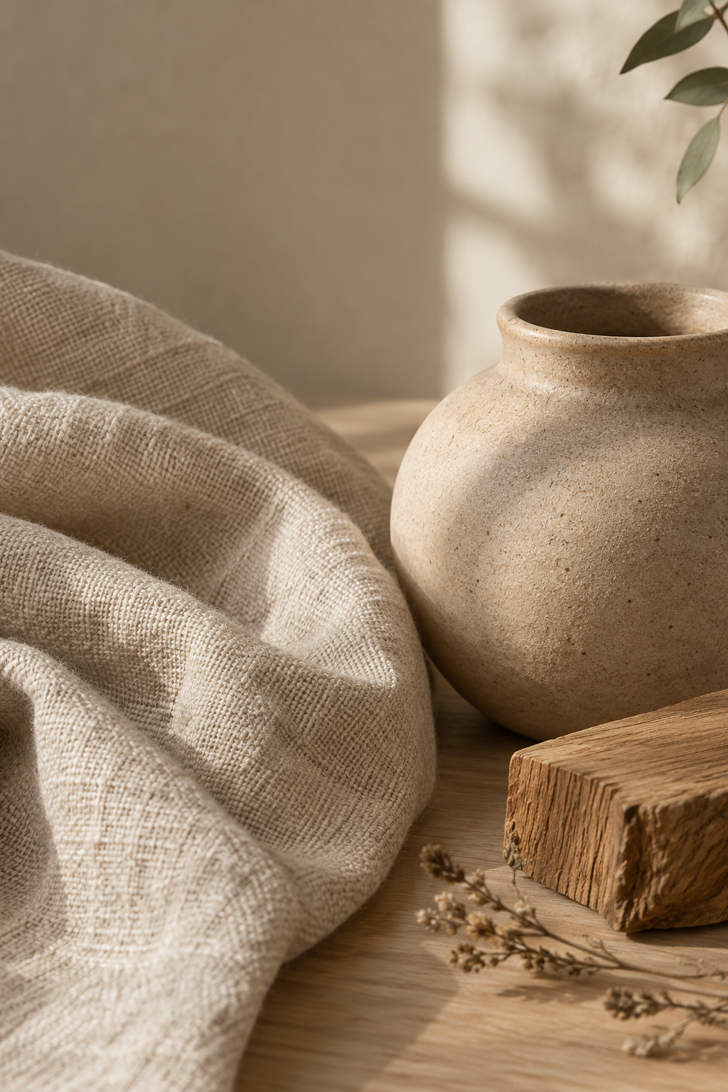 Close-up of handwoven linen and lightly textured ceramic with warm natural tones