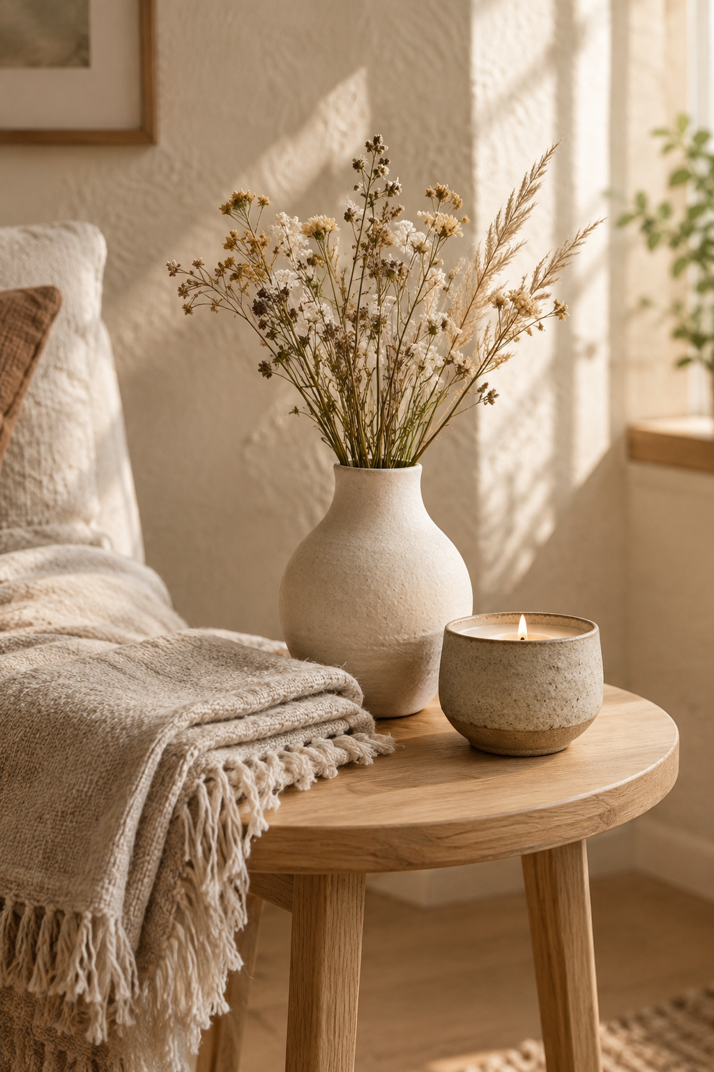 Warm handmade home decor arrangement in a natural interior with ceramic vase, woven textiles, wooden accents, and soft daylight
