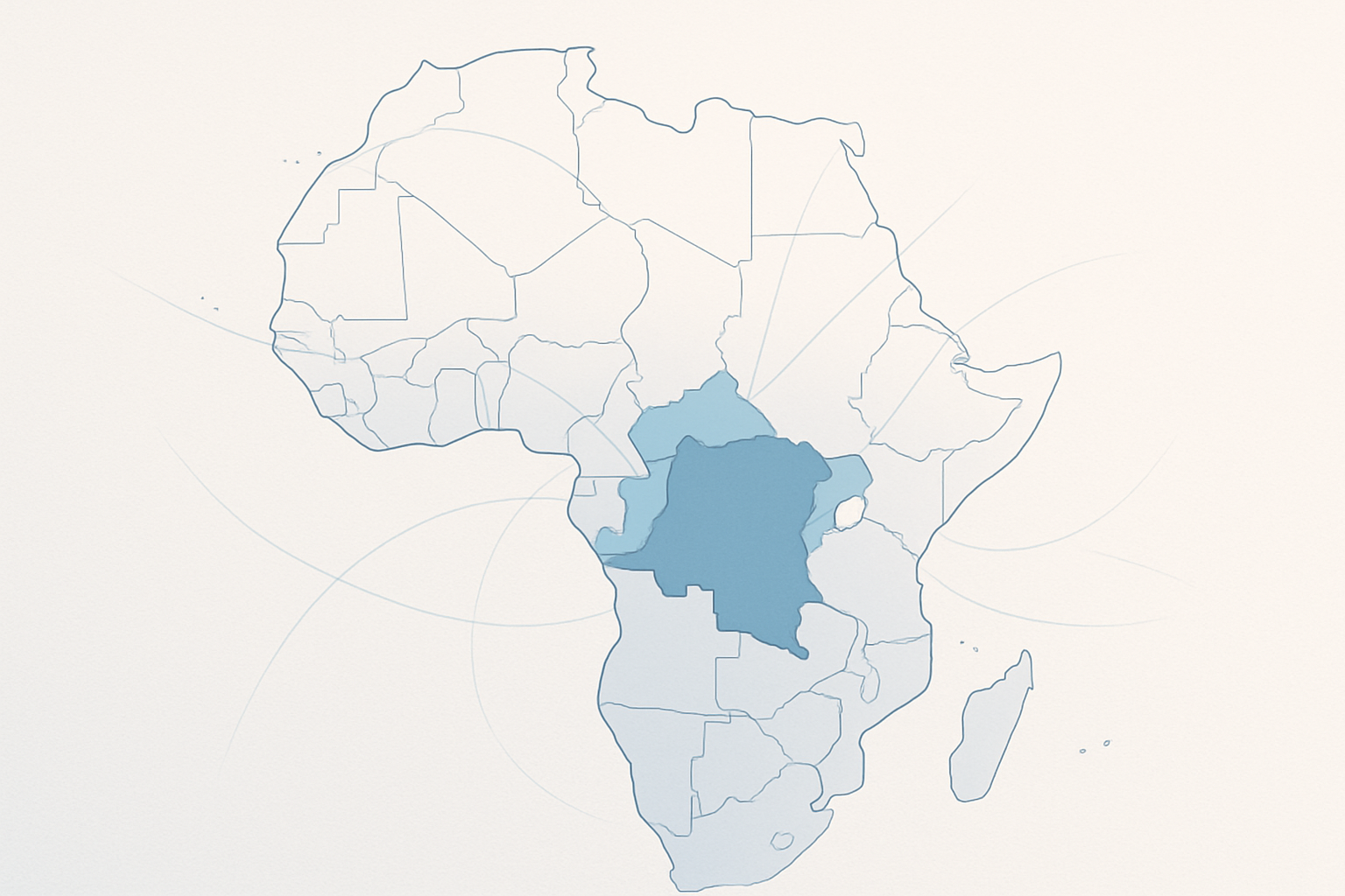 Modern corporate map of Africa highlighting Rwanda and the Democratic Republic of Congo with subtle logistics lines