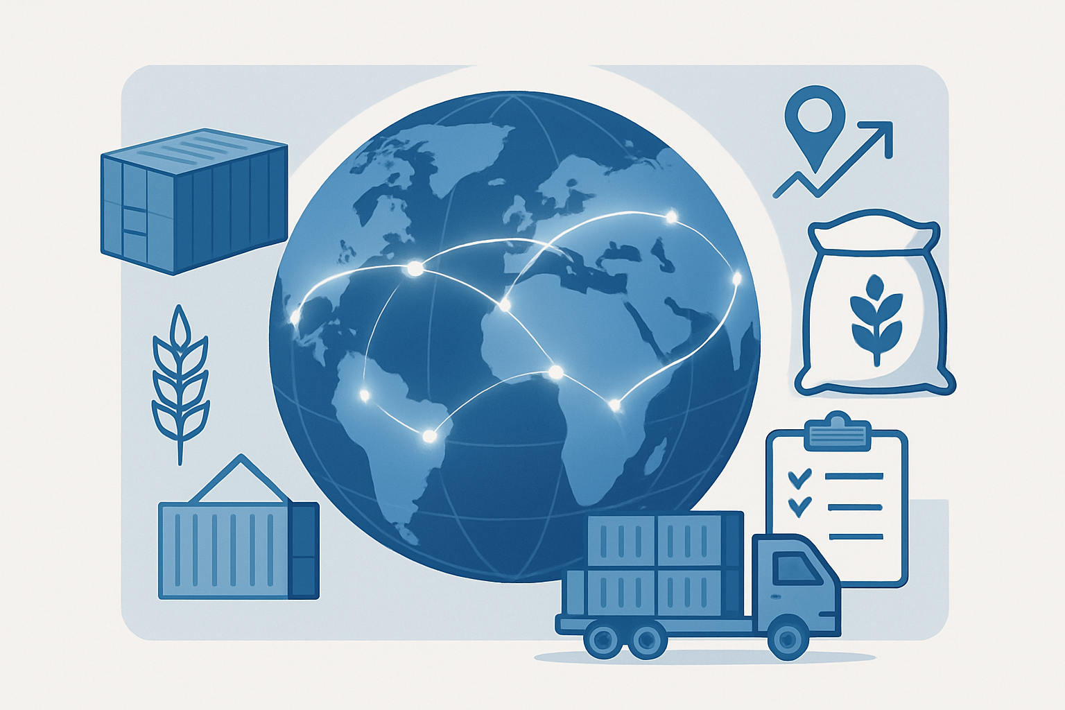 Illustrative globe with trade routes, cargo containers, and logistics icons in a clean corporate style