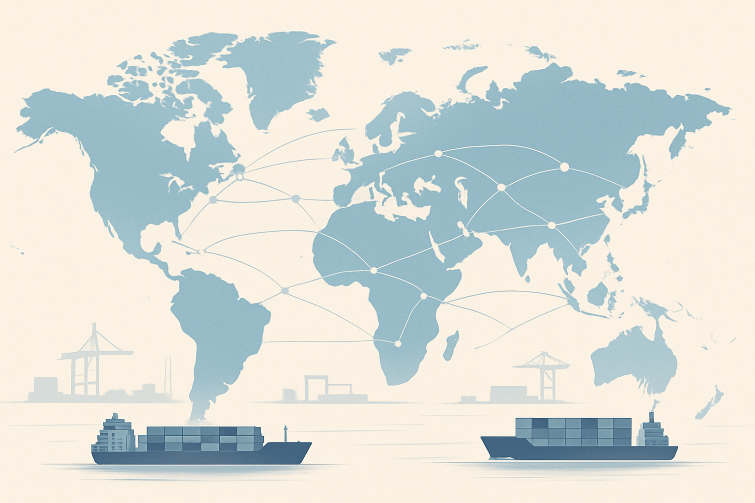 Premium corporate illustration of global trade logistics with a world map, connected shipping routes, and subtle port infrastructure