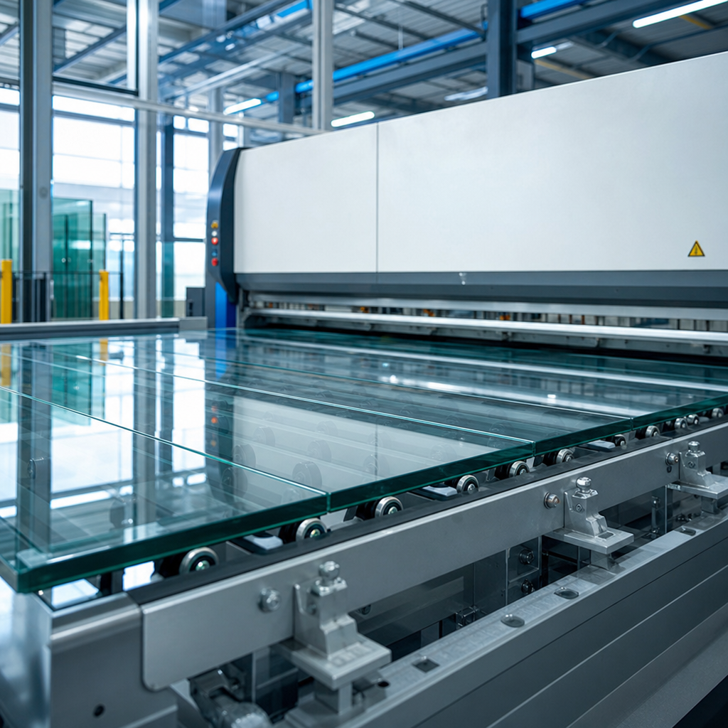 Industrial tempered glass inspection line with technicians checking large glass panels under bright factory lighting