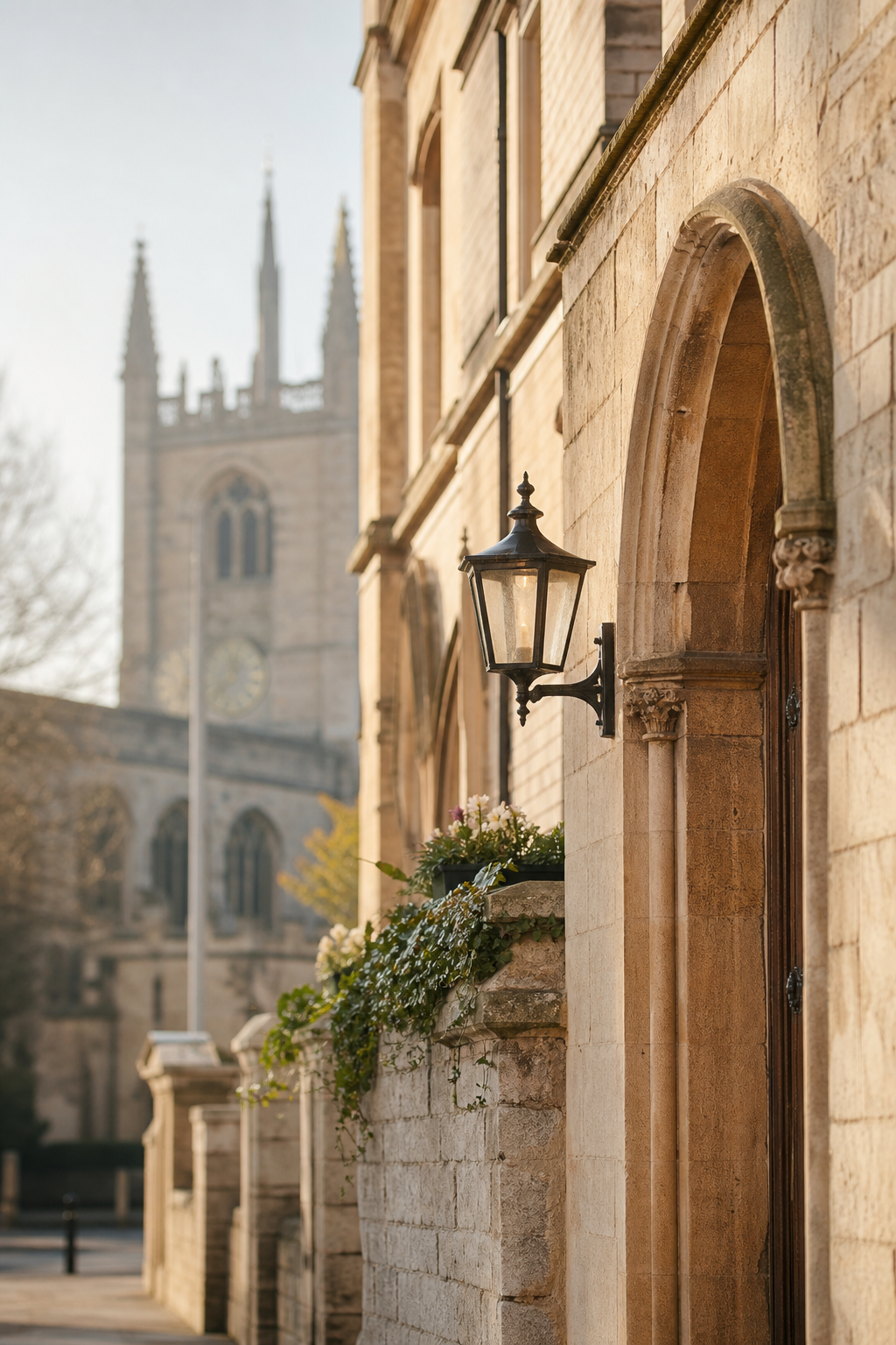 Calm local architectural detail in Bury St Edmunds with warm stone textures and soft morning light