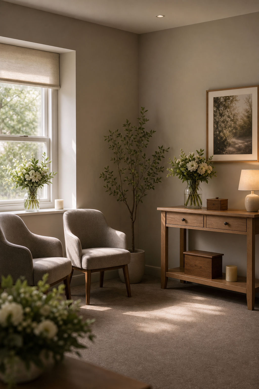 Softly lit chapel interior with warm neutral tones, simple seating, and gentle daylight creating a peaceful, reflective atmosphere