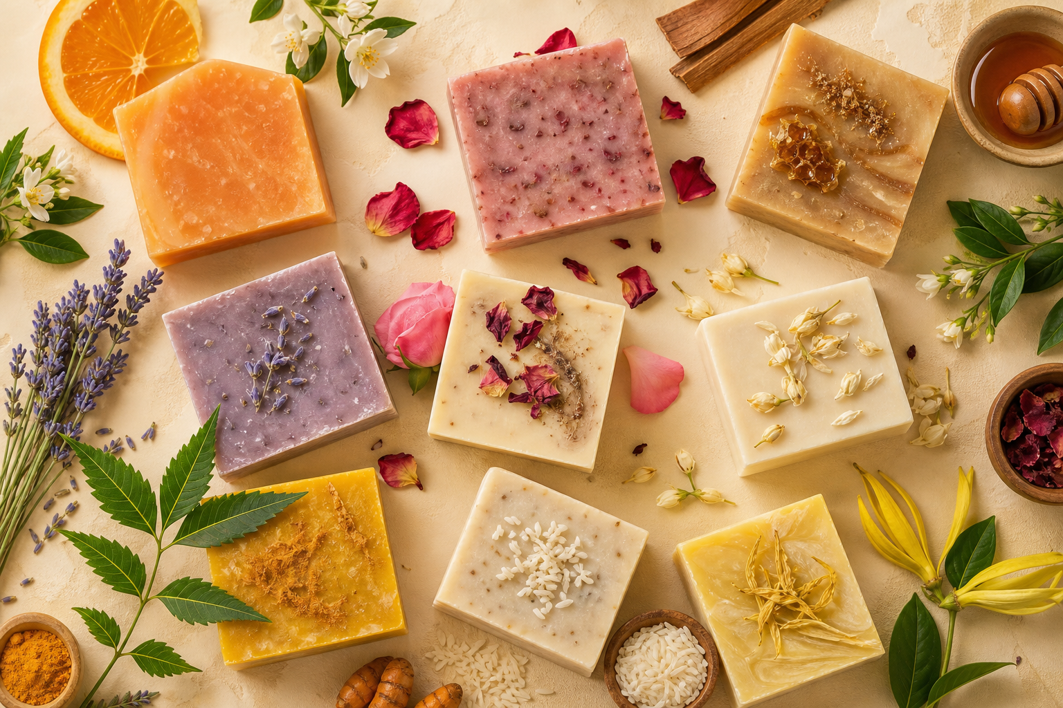 Artisanal herbal soap bars with botanical accents arranged on a warm creamy surface