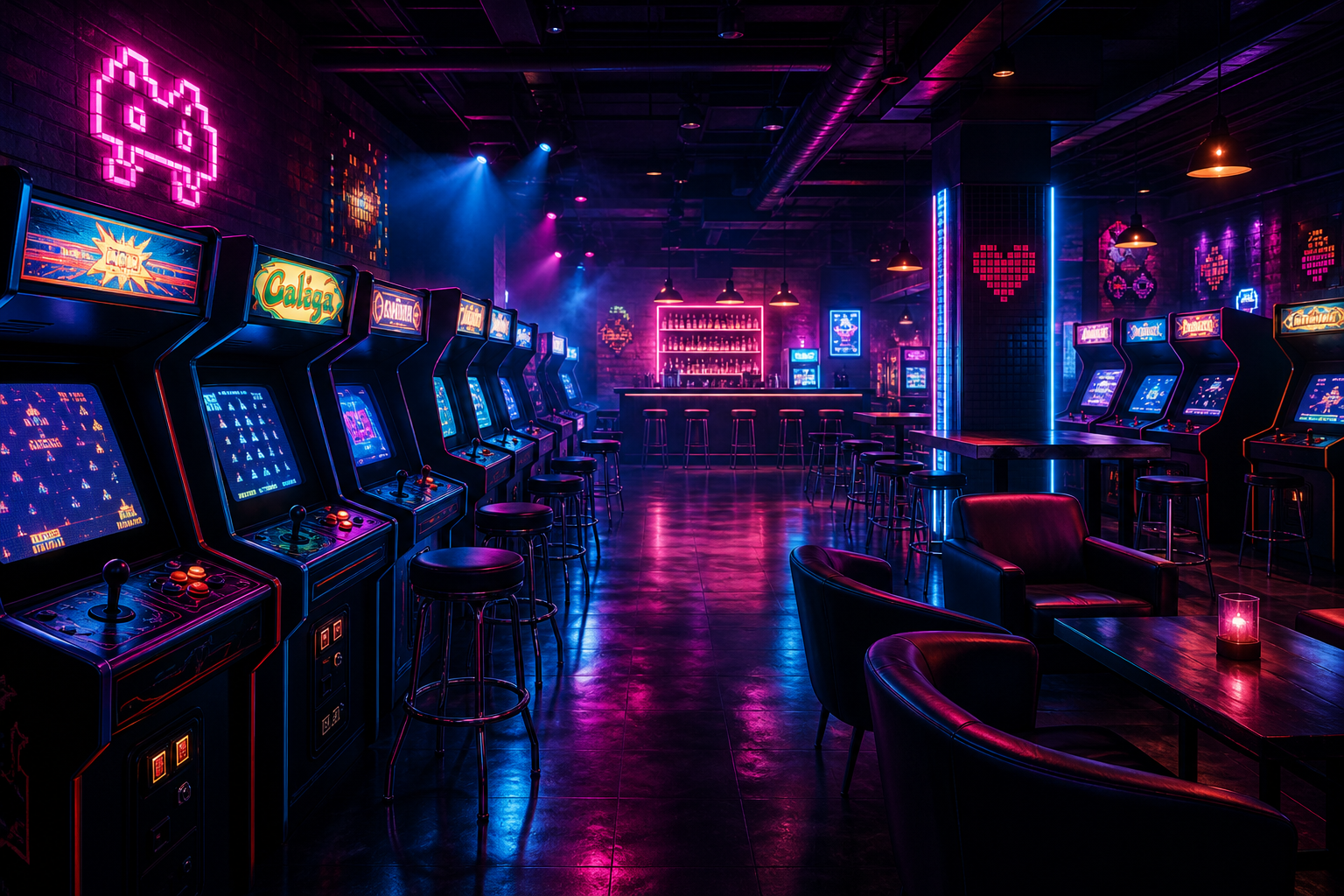 Neon-lit retro arcade bar interior with glowing game cabinets, moody haze, and social lounge seating