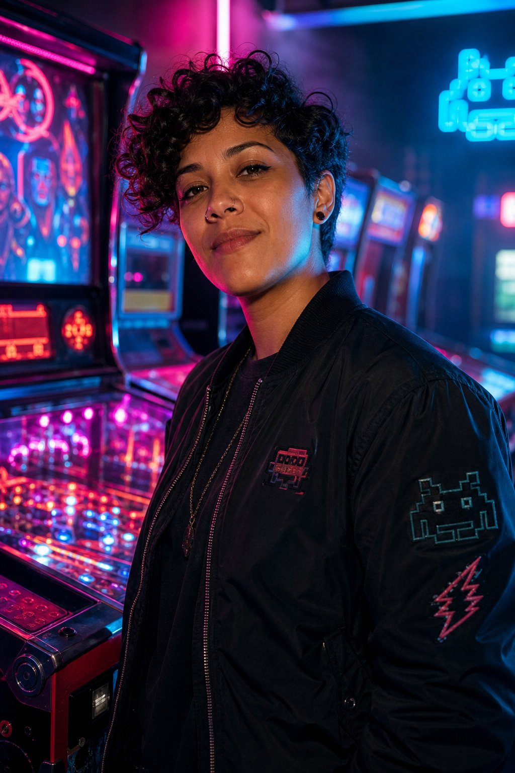 Jules Rivera in a black jacket with colorful arcade lights in the background