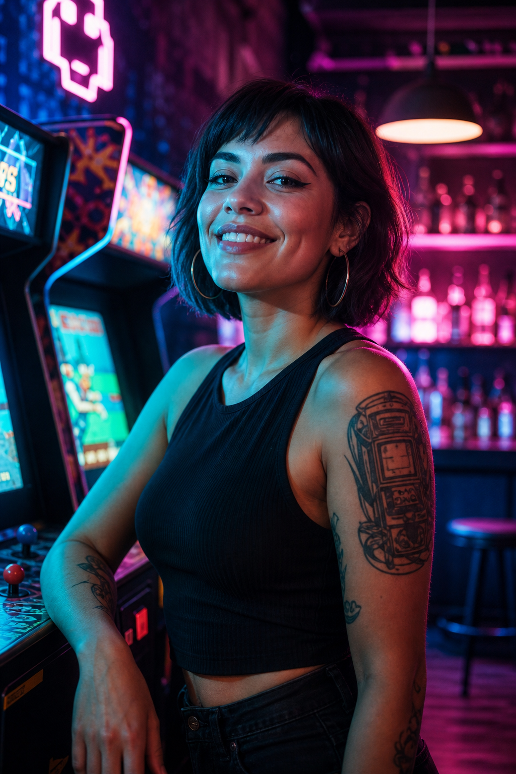Maya Torres smiling under cyan neon light inside the arcade bar