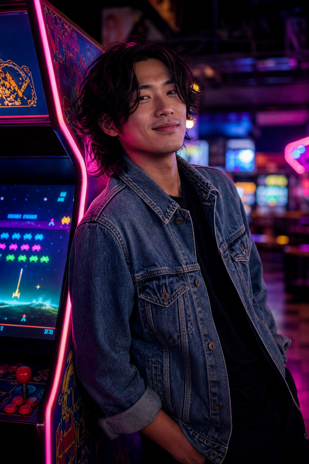 Rio Nakamura leaning on a retro arcade cabinet with magenta glow