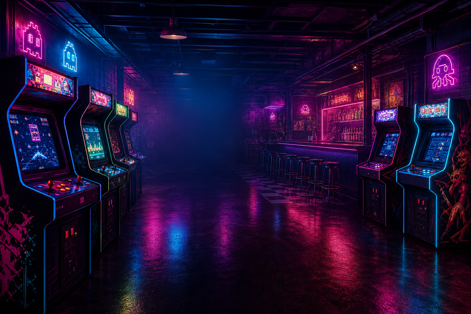 Neon-lit retro arcade bar interior with glowing cabinets, bar stools, and cinematic late-night atmosphere